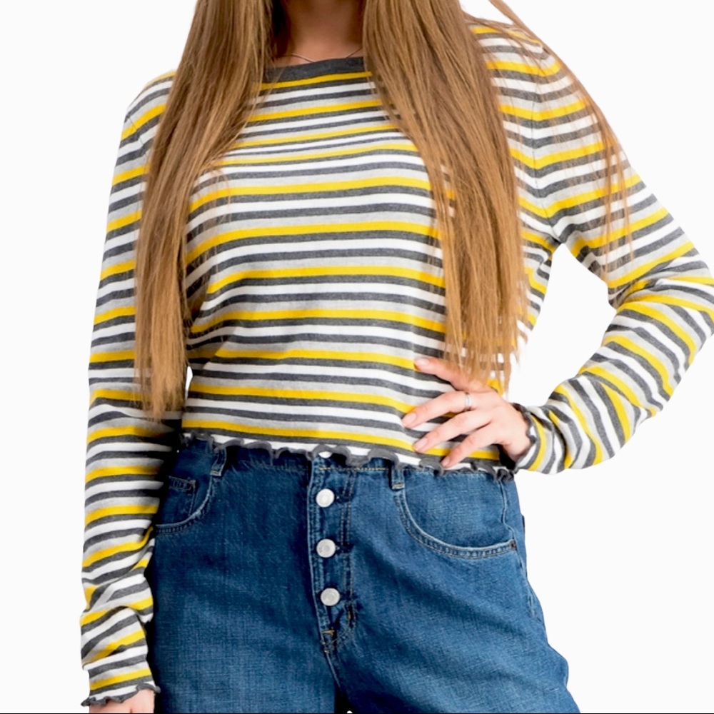 Ultra Flirt size medium grey yellow & white striped crop top ruffle hems EUC